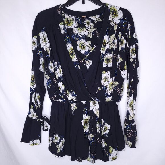 Free People Top Small Floral Black Tuscan Dreams Gathered Waist - Picture 1 of 11